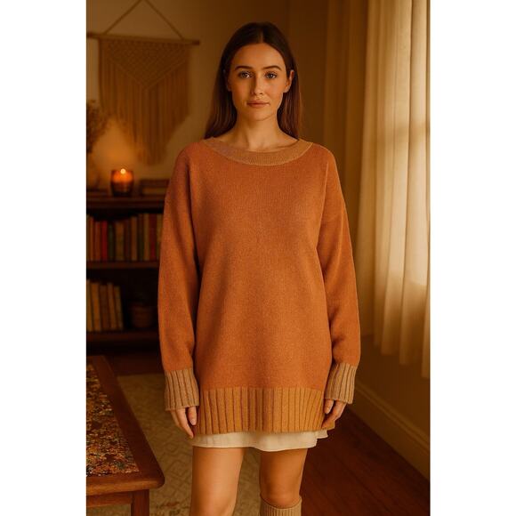 Free People Easy Street Tunic Sweater M Orange Oversized Knit Cozy Slouchy Boho - Picture 1 of 9